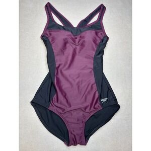 Speedo Swimsuit Womens M Purple Black Colorblock Racerback Competition